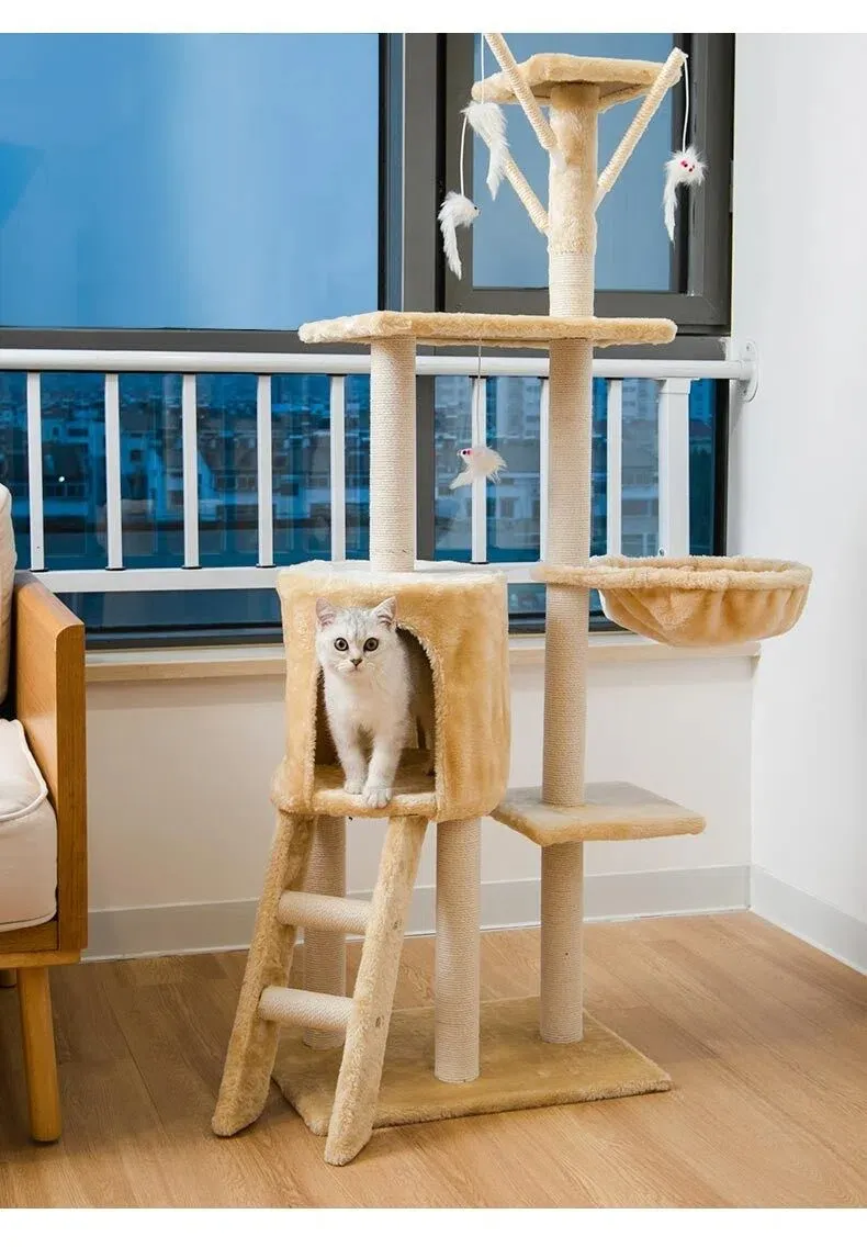 A large, multi-level cat tree with integrated cat condos and sisal scratching posts, suitable for big cats.