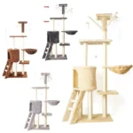 A large, multi-level cat tree with integrated cat condos and sisal scratching posts, suitable for big cats