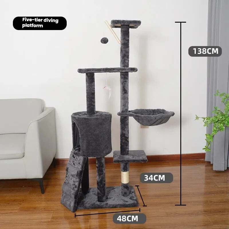 dark grey color white color A large, multi-level cat tree with integrated cat condos and sisal scratching posts, suitable for big cats.