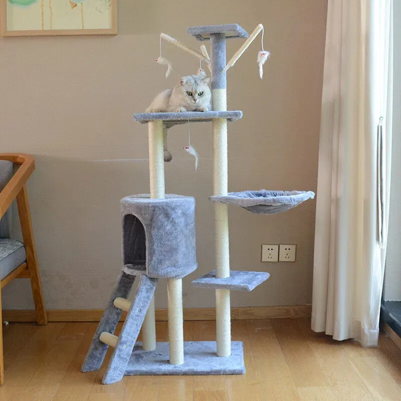 A large, multi-level cat tree with integrated cat condos and sisal scratching posts, suitable for big cats