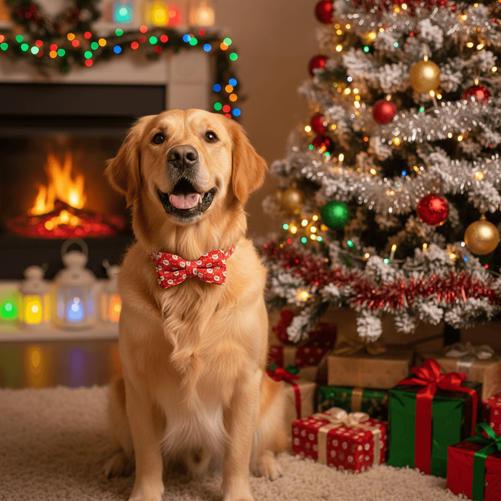 A woman in a white sweater holds an open red gift box containing a red and white Christmas-patterned dog bowtie, presenting it to a golden retriever dog. A decorated Christmas tree and fireplace are in the background.