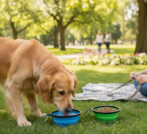 dog using of the bowl in the park , the owner feeding food and water