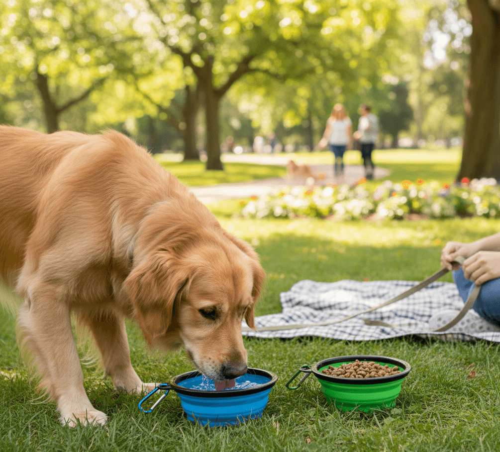 dog using of the bowl in the park , the owner feeding food and water