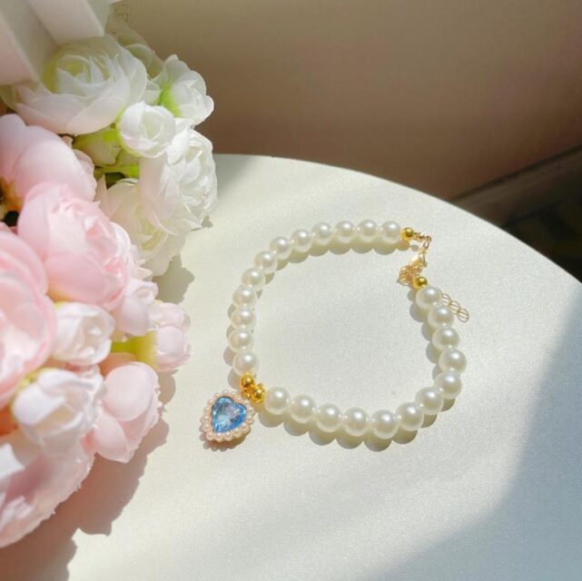 light blue heart Luxury Pearl & Heart Diamond Pet Necklace – Elegant Jewelry for Cats & Dogs size from s, m , l