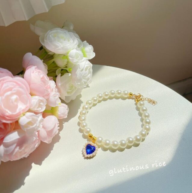 ocean color heart Luxury Pearl & Heart Diamond Pet Necklace – Elegant Jewelry for Cats & Dogs size from s, m , l