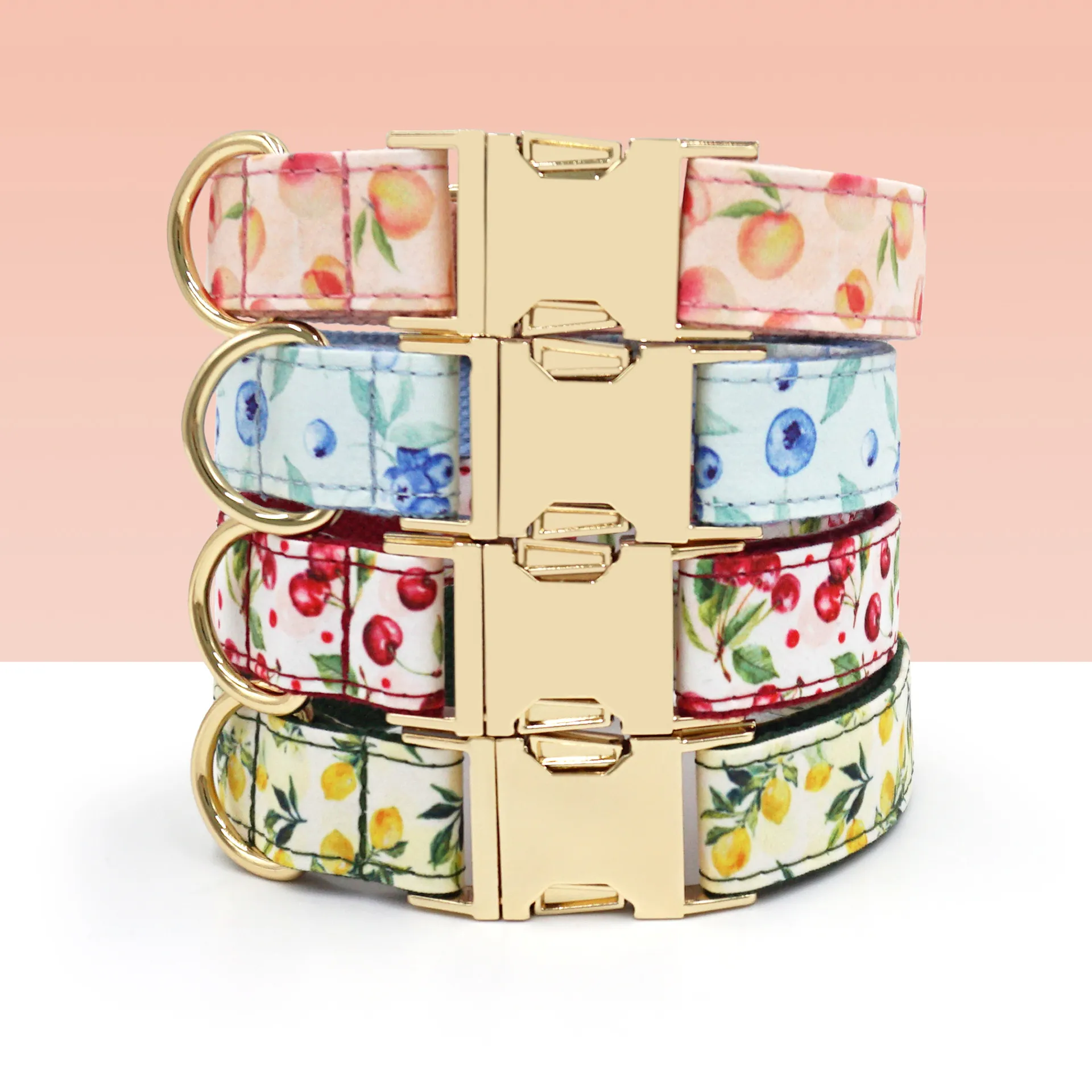 Summer Fruit Collection Dog Collars, featuring peach, blueberry, cherry, and lemon patterns for pets