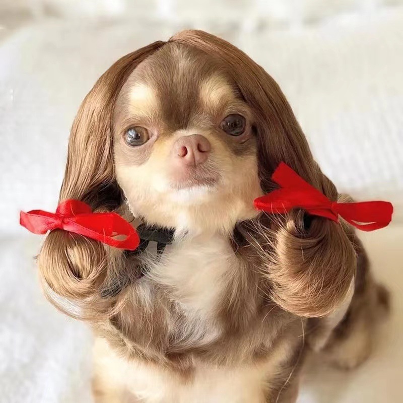 Brown long dog pet wig