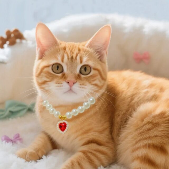 red heart Luxury Pearl & Heart Diamond Pet Necklace – Elegant Jewelry for Cats & Dogs