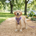 Purple heart-patterned dog harness with front D-ring and ID tag attachment, perfect for no-pull walking