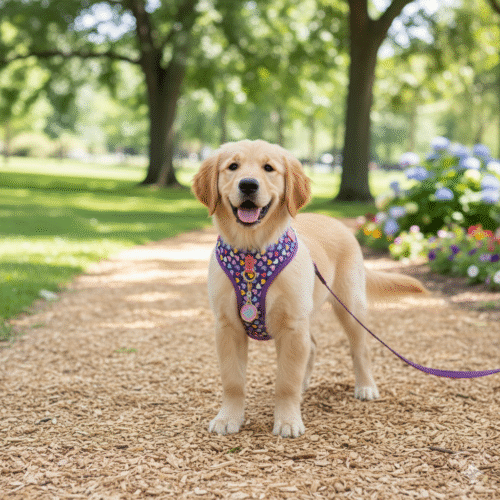 Purple heart-patterned dog harness with front D-ring and ID tag attachment, perfect for no-pull walking