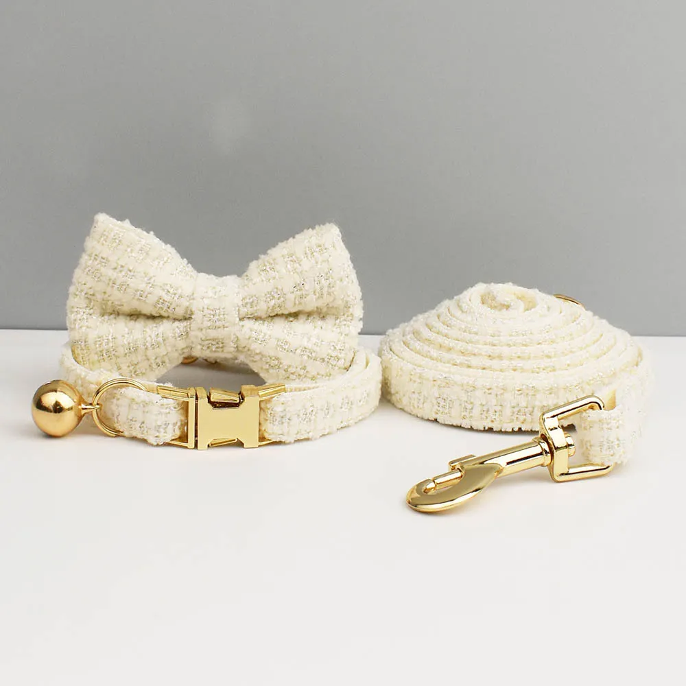 white color dog ID collar+bow tie + Leash